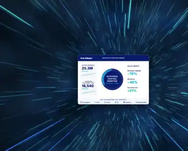 Aria Allegro Adaptive Charging Engine dashboard showing 25.3M real-time active sessions, 18,540 charging decisions per second, and value impact of 76% less revenue leakage, 45% less bill shock, and 21% new revenue, set against a blue warp-speed starfield.