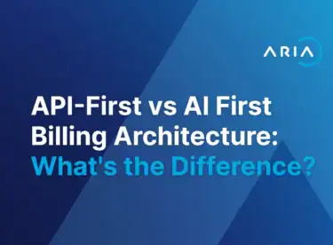 Graphic titled API-First vs AI-First Billing Architecture: What's the Difference, with Aria logo on a blue digital background.